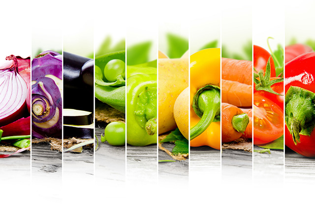Photpo montage showing  ten vertical images of different vegetables 